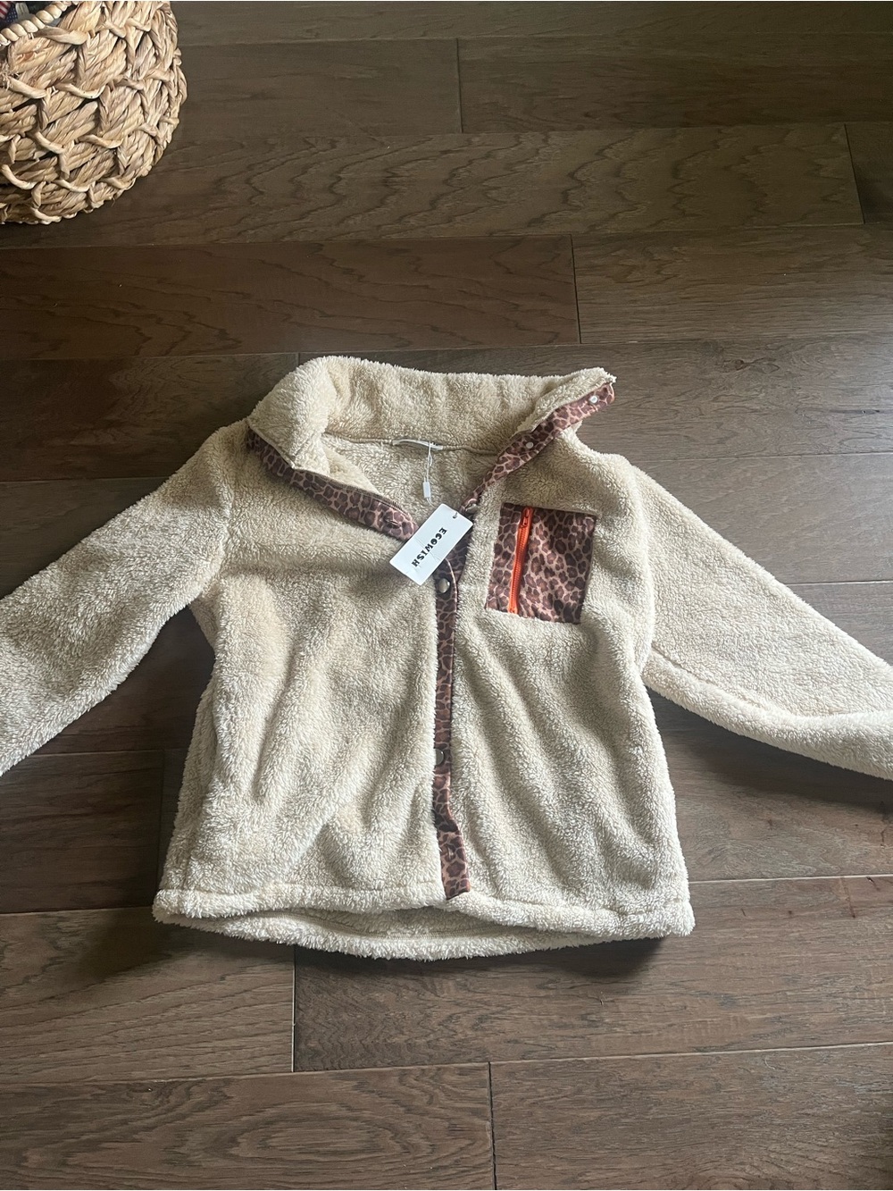 Ecowish Cozy Cream Sherpa Jacket with Leopard Trim